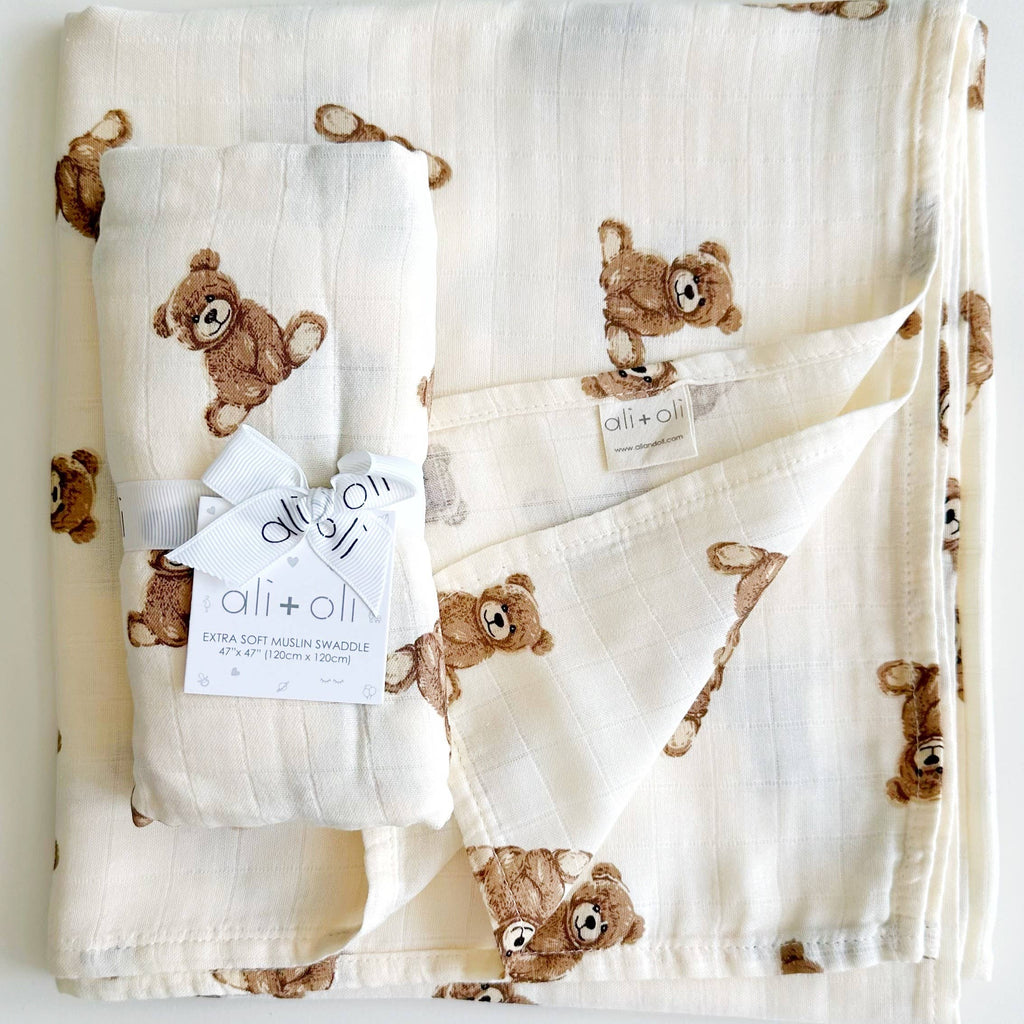 Teddy Bear Bamboo Muslin Swaddle