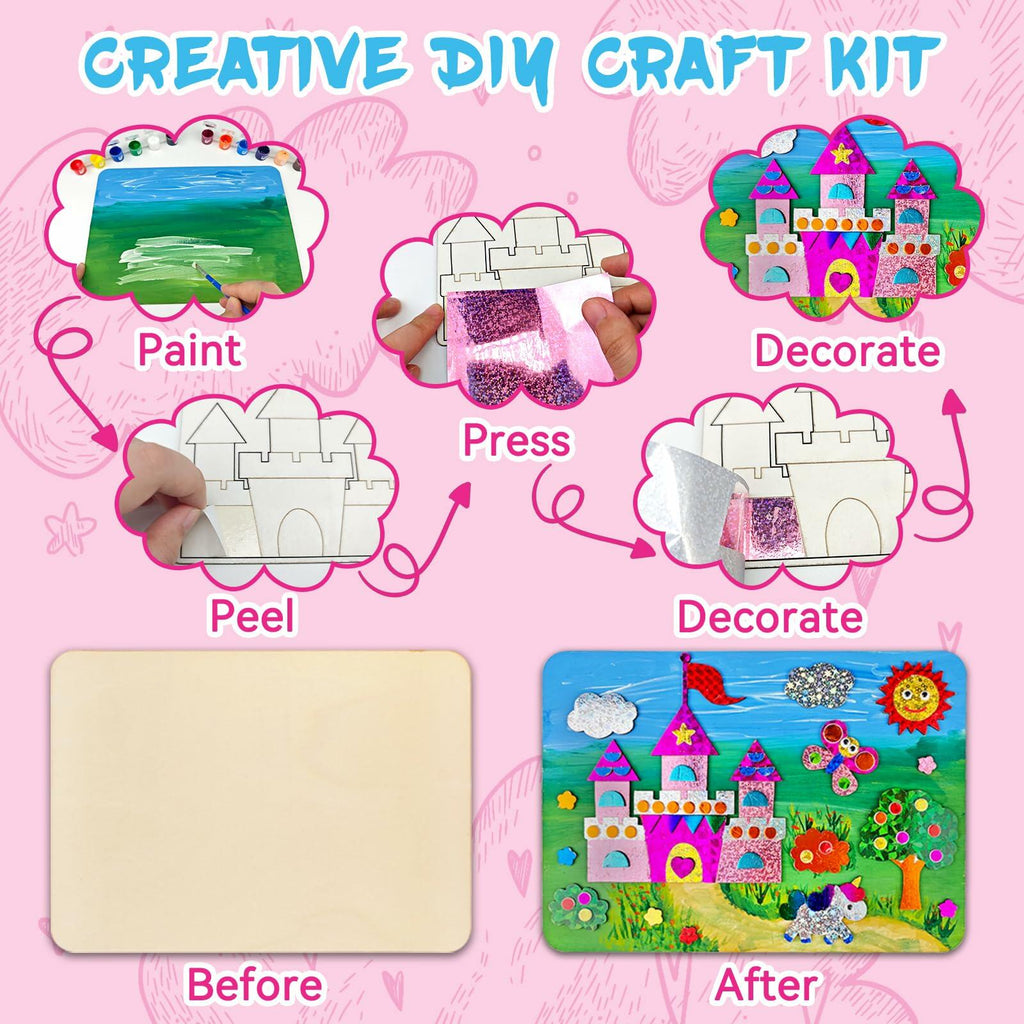 Wooden Foil Art Crafts DIY Unicorn & Princess Painting Kit for Kids Ages 5-12